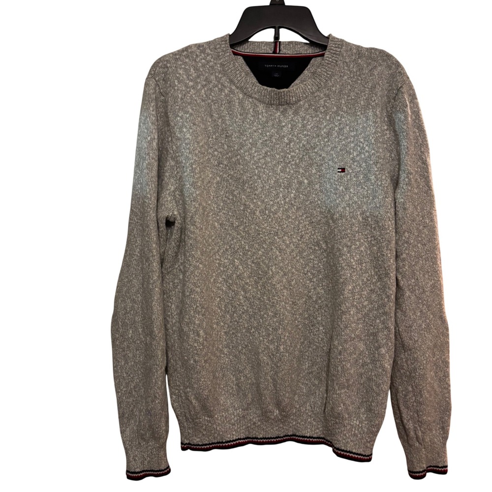 Tommy Hilfiger Men's Sweater Large Gray Knit Crewneck Long Sleeve Classic Preppy